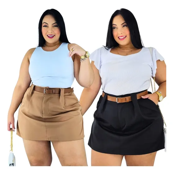 Kit 2 Short Saia Plus Size Alfaiataria Com Cinto Casual