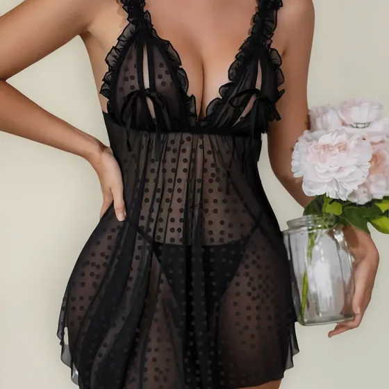 Camisola Linda Tule Poá Feminina Sensual Bolinhas E Calcinha