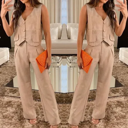 Conjunto Feminino Alfaiataria Linho Calça E Colete Elegante