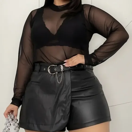 Blusa Tule Manga Longa Transparente Plus Size Drapa Plus