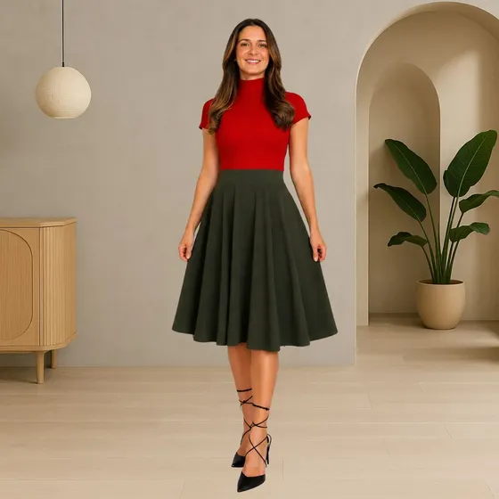 Saia Midi Godê Feminina Rodada Cintura Alta Social Elegante