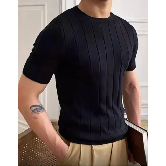Camiseta Masculina Básica Canelada Manga Curta Tricot Modal