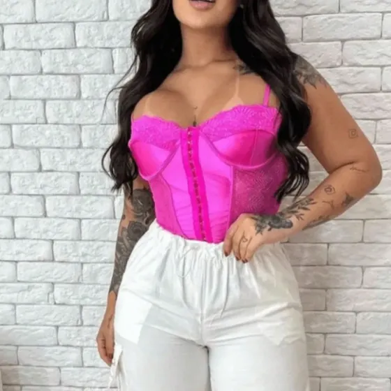 Corset Renda Corselet Acetinado Feminino Cropped Top