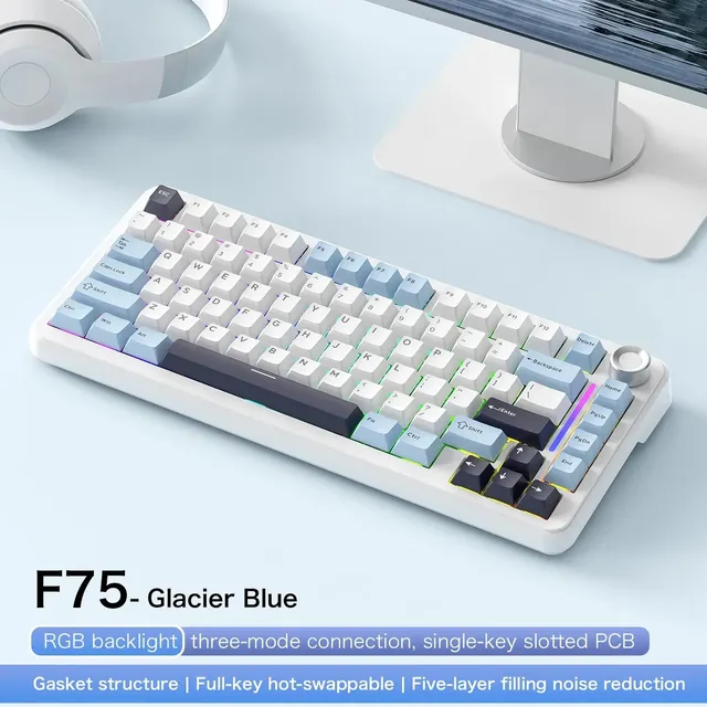 Teclado Mecânico Gamer Sem Fio Freewolf F75 Rgb Glacier Blue Inglês Us