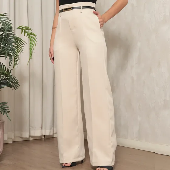 Calça Feminina Social Pantalona Com Cinto Para Trabalhar