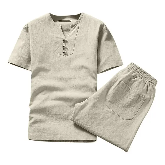 Conjunto De Linho De Algodão Masculino, Camiseta De Manga