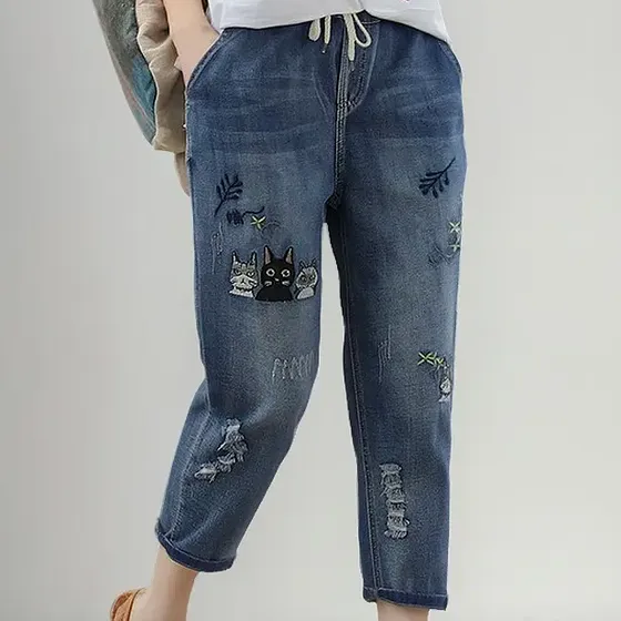 Jeans Femininos Bordados Rasgados, Cintura Alta, Capris Solt