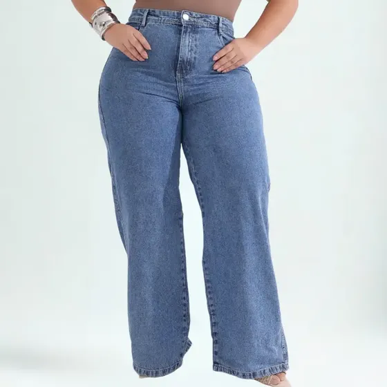 Calça Jeans Wide Leg Plus Size Marmorizada 100% Algodão