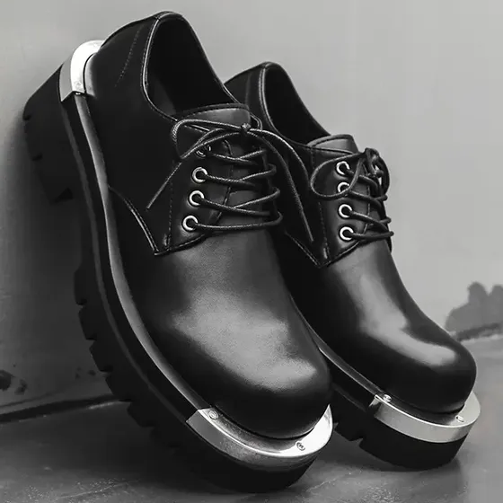 Sapatos Derby Masculinos De Couro Genuíno, Sola Grossa, Pret