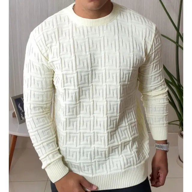 Suéter Masculino Lã Tricot Manga Longa Trabalhado