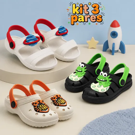 Kit 3 Pares Sandália Infantil Menino Papete Leve Personagens