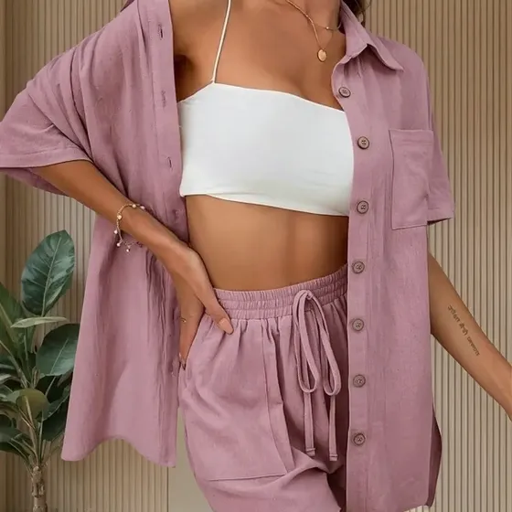 Blusa Feminina Sólida De Manga Curta E Conjunto Curto