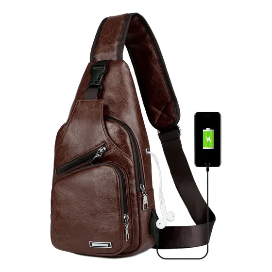 Bolsa Peitoral Masculina Couro Porta Usb Fone
