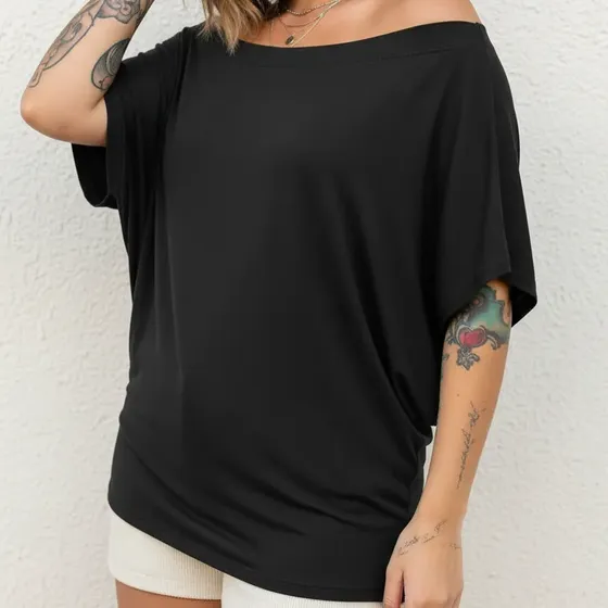 Blusa Red Blue Feminina Canoa Manga Morcego Curta Ampla