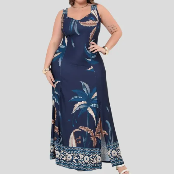 Vestido Alça Plus Size Longo Florido Estampado Confortável
