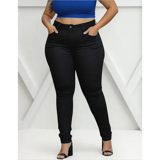 Calça Jeans Preta Plus Size Cintura Alta Com Lycra Elástico