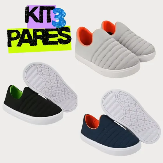 Kit 3 Pares Tênis Infantil Ideal P/ Escola Sem Cadarço