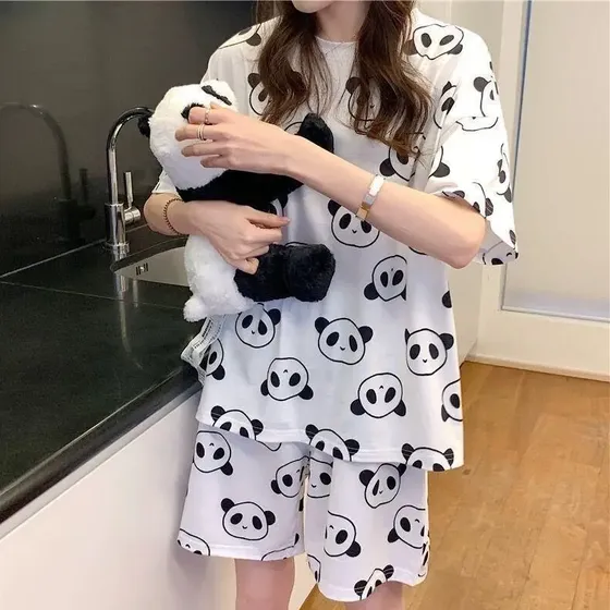 Pijama Feminino Verão Manga Curta Estudante Fofo Cartoon