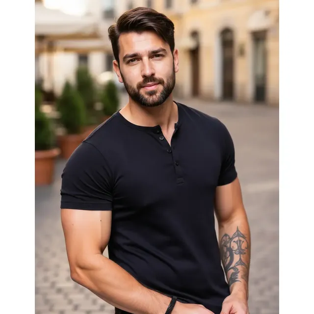 Camiseta Henley Manga Curta Slim Com Botões Gola V Conforto