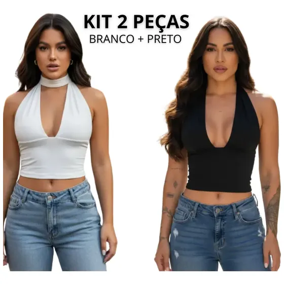 Kit 2 Cropped Amarração Top Livia Decotado Amarrar Pescoço