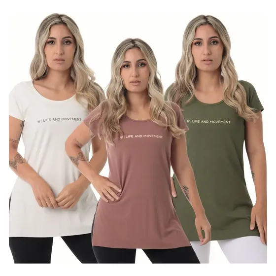 Kit 3 Blusa Academia Fitness Moviment Marrom/verde/marfim
