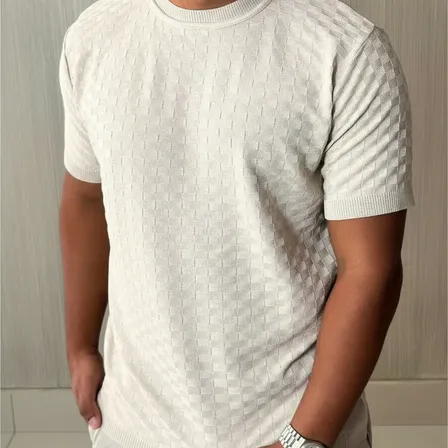 Camiseta Masculina Manga Curta Xadrez Tricô Leve Elegante