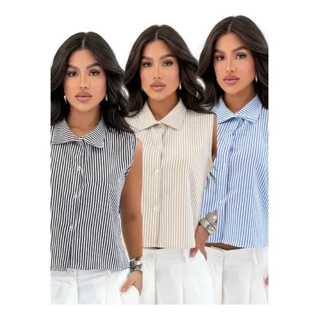 Kit 3 Regata Social Listrada Blusas Elegante Camisa Feminina
