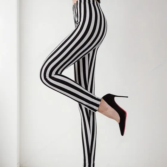 Leggings Listradas Verticais, Calças De Treliça Com Padrão Q