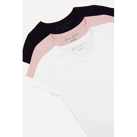 Kit 3 Camisetas Femininas Gola V Polo Wear Sortido