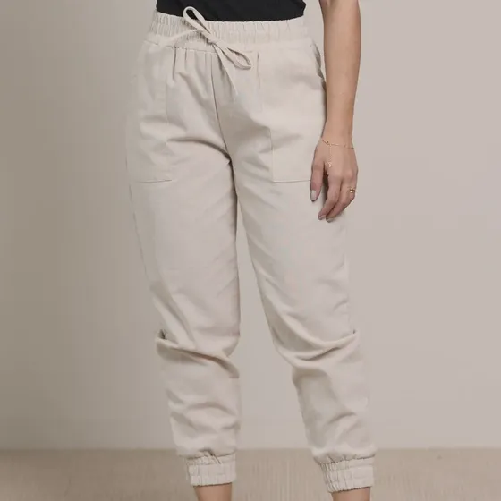 Calca Jogger Feminina Linho Bege Moda Casual Moda