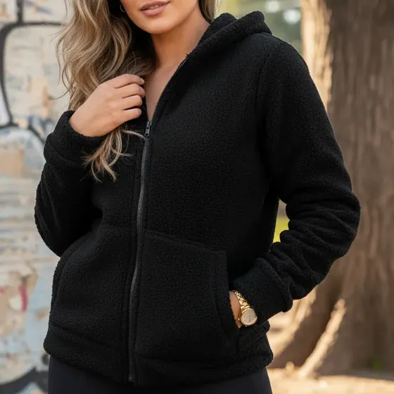 Casaco Feminino De Frio Peluciado Com Bolsos Preto