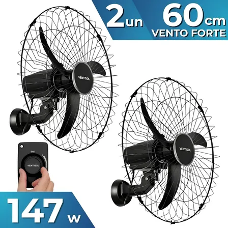 Kit 2 Ventilador Osc Parede 60cm 3pás Preto Ventisol 127/220