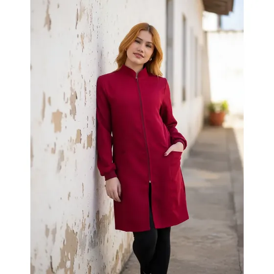 Jaleco Feminino Oxford Manga Longa Zíper Acinturado