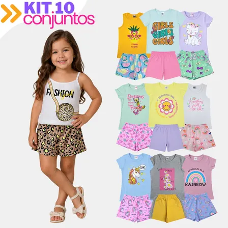Kit 20 Peças Infantil Verão Menina 10 Blusa + 10 Shorts