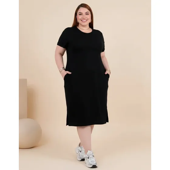 Vestido Plus Size Midi Moda Elegante Casual Liso Com Fenda