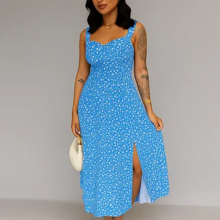Vestido Midi Floral De Viscose Com Fenda Tendência 2026
