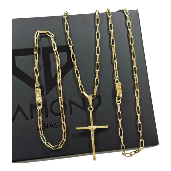 Kit Cordão + Pulseira + Pingente 4mm Masculino Banhado Ouro