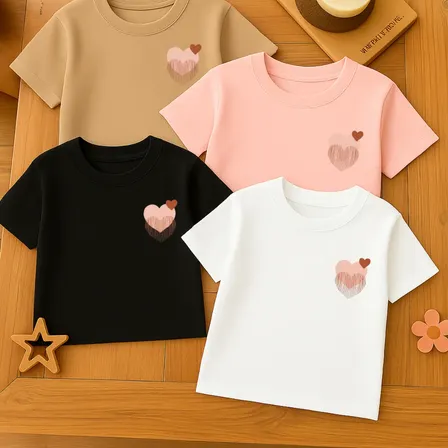 Kit 4 Camisetas Básica Infantil Feminina Em Algodão Corações