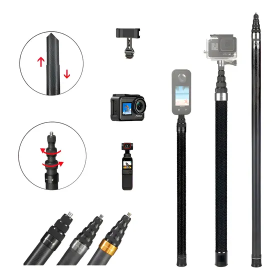 Bastão Selfie 3m Fibra Carbono Retrátil Para Câmeras Gopro