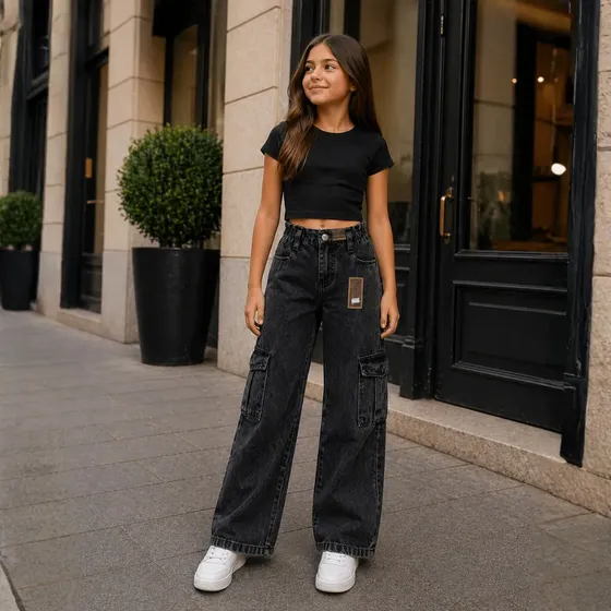 Calça Cargo Juvenil Feminina Wide Leg Preta Bolsos Laterais