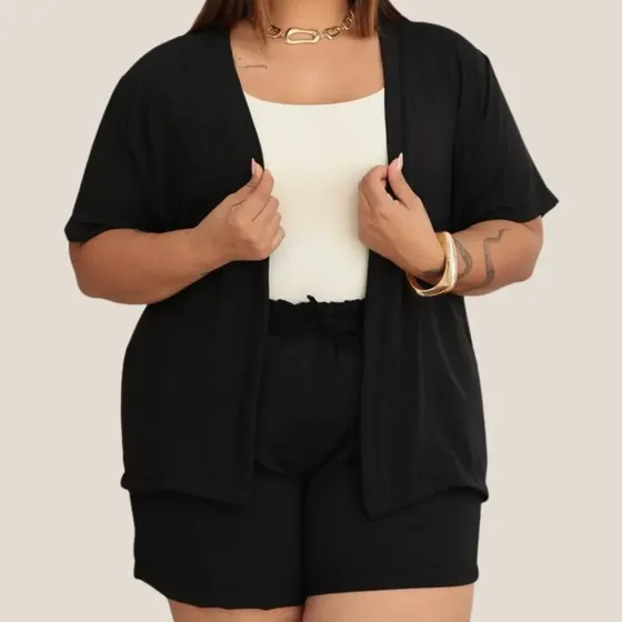 Conjunto Kimono Plus Size Short Verão Moda Elegante Casual