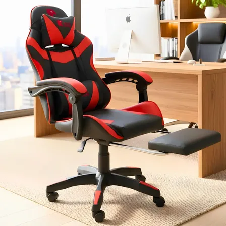 Cadeira Gamer Ergonômica Reclinável Com Apoio Pés Couro Pu