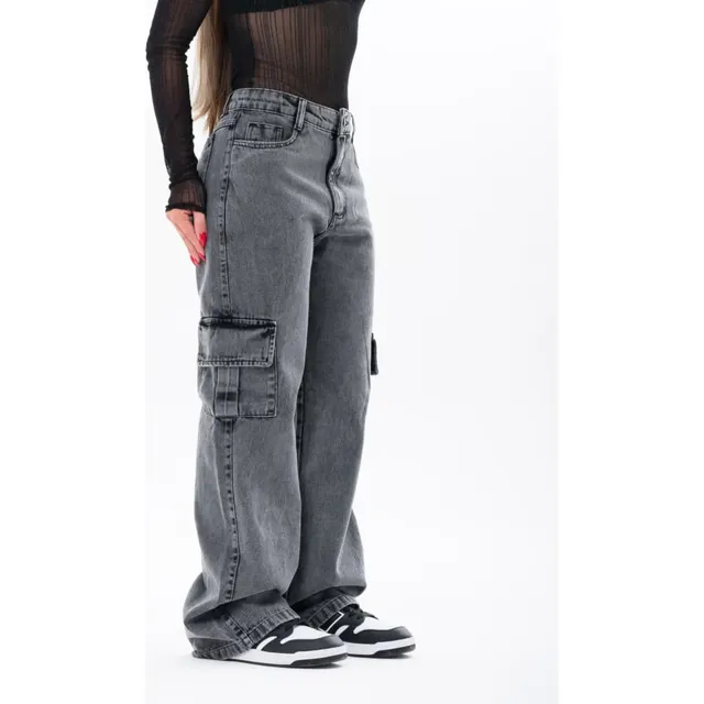 Calça Feminina Jeans Cargo Grafite Cintura Alta Confortável
