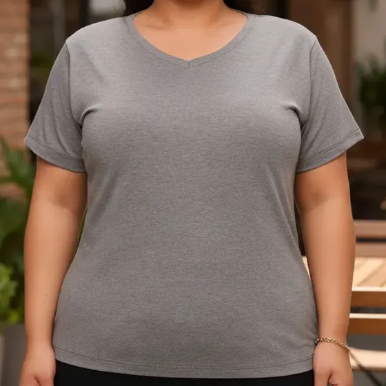 Blusa Feminina Plus Size Gola V Básica Manga Curta Conforto