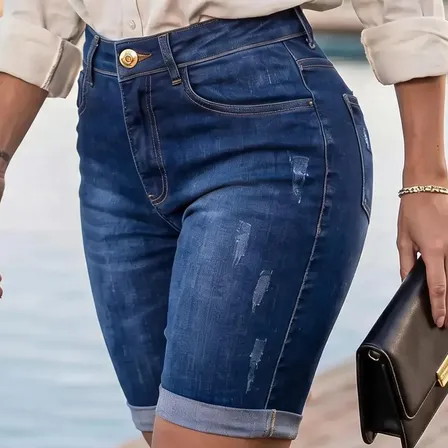 Bermuda Jeans Ciclista Boyfriend Feminina Moda Empina Bumbum