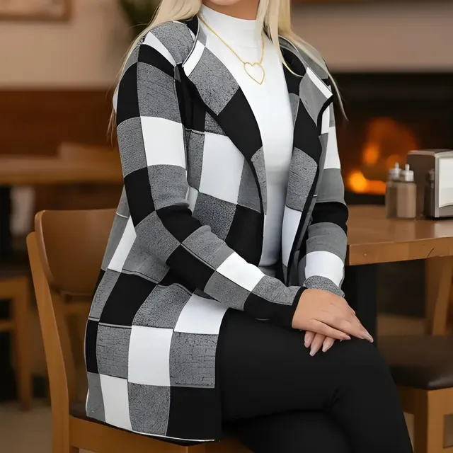 Cardigan Xadrez Tricô Kimono Inverno