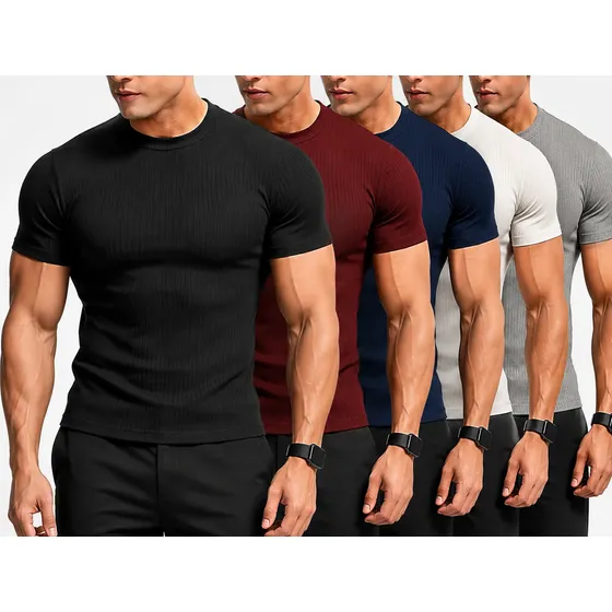Kit 5 Camisa Masculina Malha Canelada Manga Curta Slim Luxo