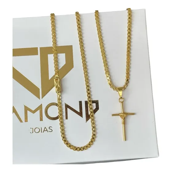 Corrente Cordão Masculino 3mm + Pingente Cruz Banho Ouro 18k