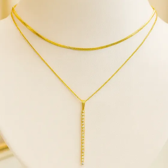 Colar Feminino Dupla Laminado Com Zircônias Folheado