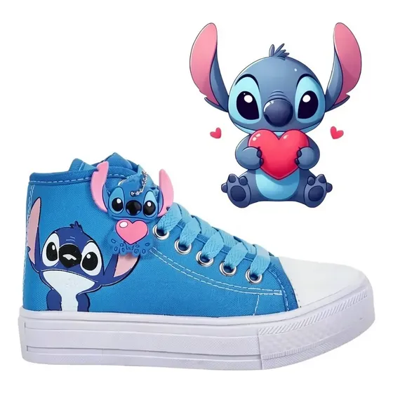 Tênis Infantil Botinha Lilo Stitch Azul Menina Com Chaveiro